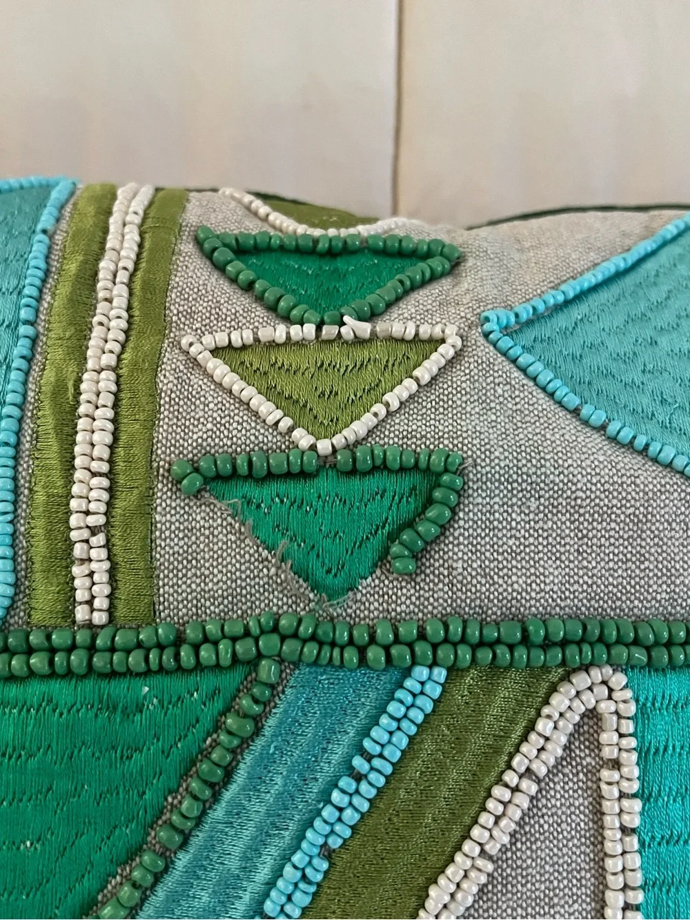 Handcrafted Teal & Green beaded Geometric Accent Pillow -